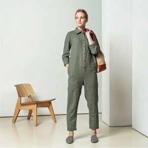 LINEN ID Sage Green Linen Jumpsuit – Relaxed Fit Button Front, Size Small (4–6)